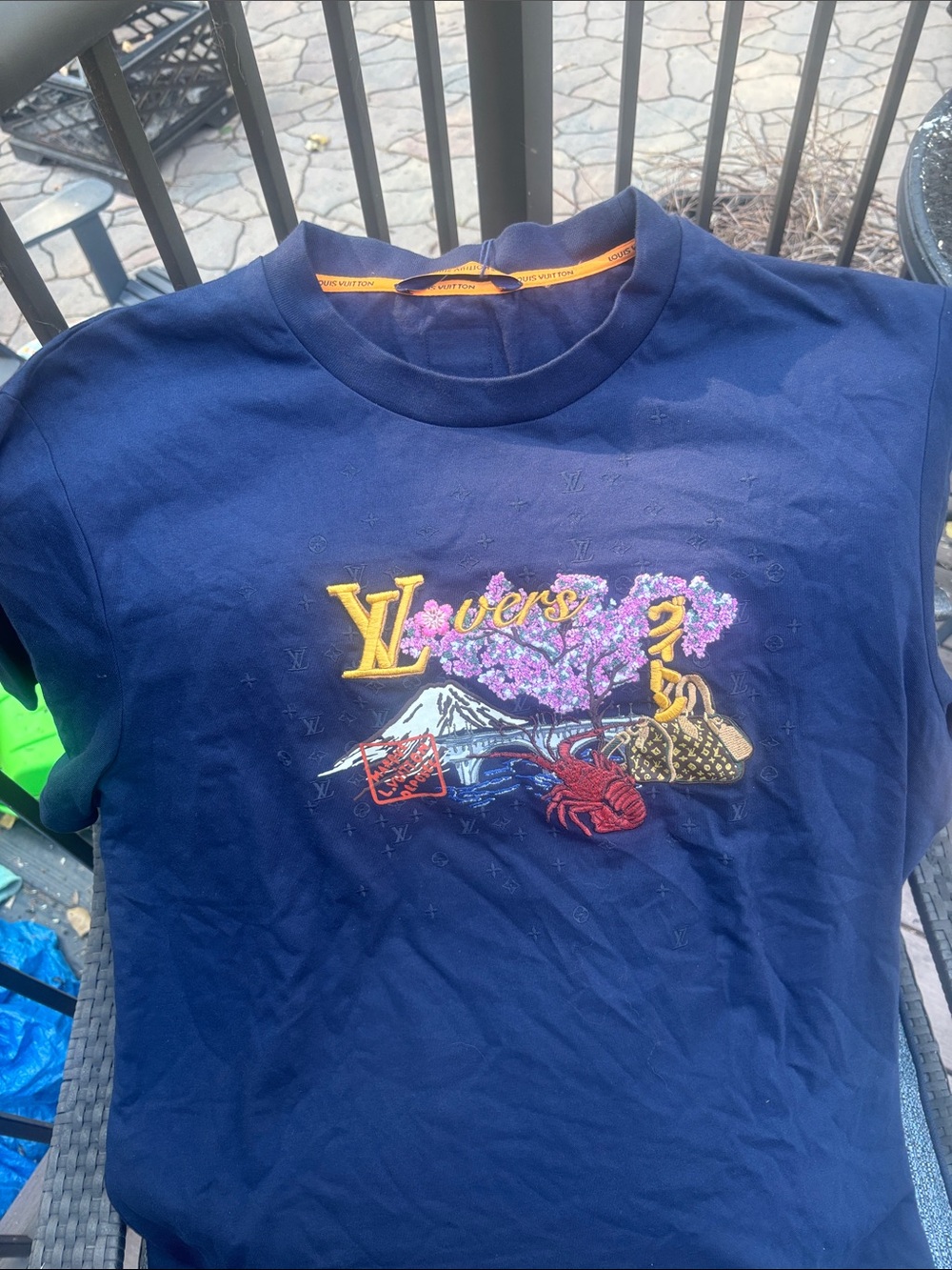Louis Vuitton Navy Embroidered Logo Tee with Multicolor Motif